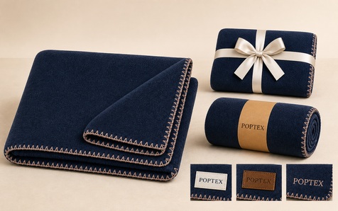 Core navy blanket with custom branding and gift packaging